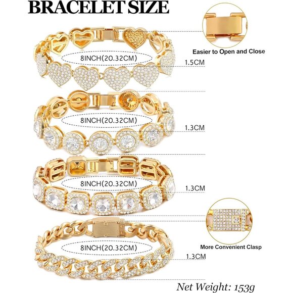 4PCS Gold & Silver Bracelets for Women Tennis Heart Cuban Layered Set Tennis - Picture 7 of 7